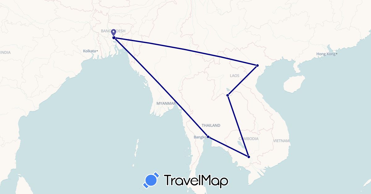 TravelMap itinerary: driving in Bangladesh, Cambodia, Laos, Thailand, Vietnam (Asia)